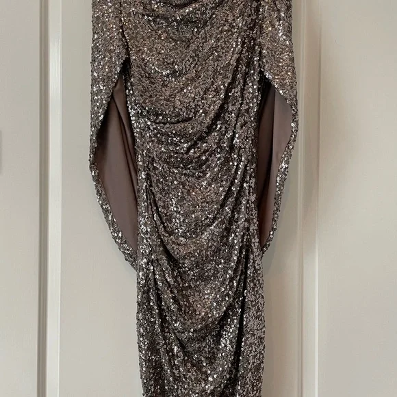 betsy and adam short dresses Betsy & Adam Square Neck Short Beaded Sleeve Open Back Gown